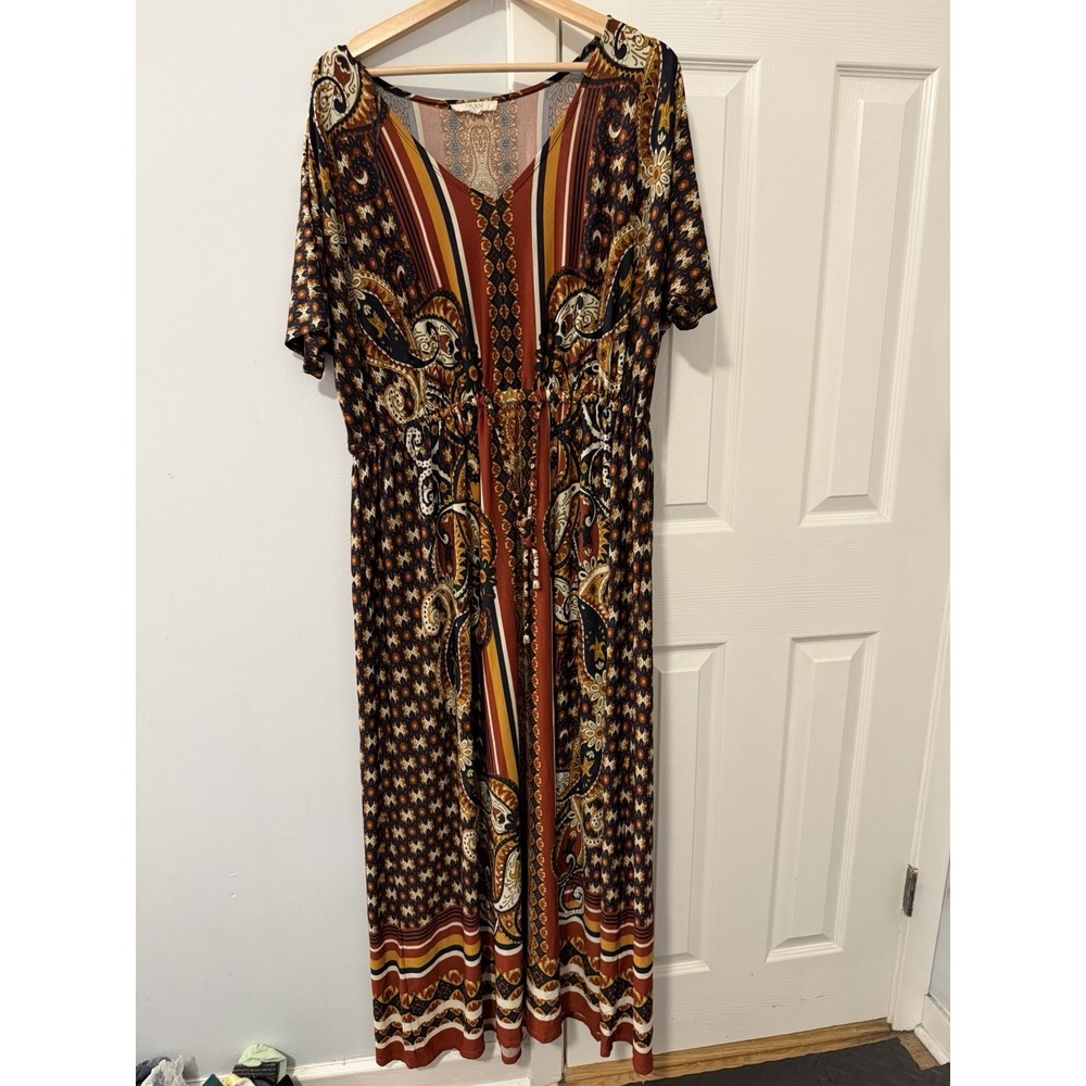 Haani Boho Paisley Maxi Dress Sz 3X Old Money Drawstring Waist Gold Travel